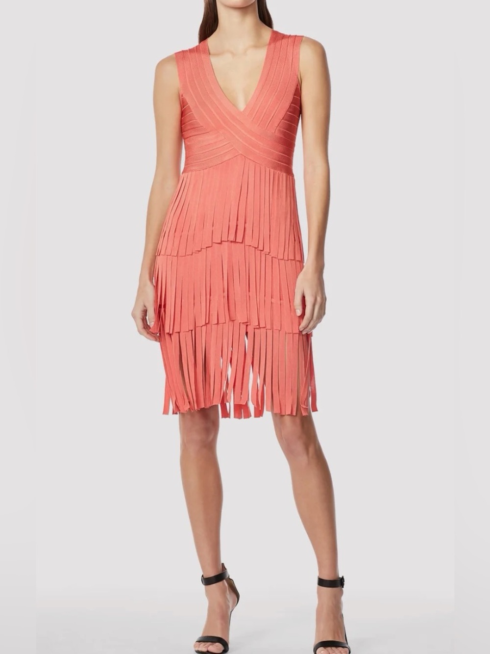 HERVE LEGER V NECK FRINGED MIDI DRESS CORAL NWT